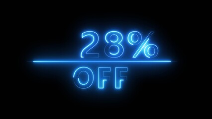 Neon 28% discount offer illustration. Neon percent offer on black background. Neon sale discount offer.