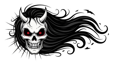 Demonic skull with flowing hair creating a captivating vector illustration for design projects