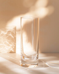 Clear glass filled with water standing in soft golden sunlight, casting delicate reflections. Clean, fresh, minimal aesthetic.