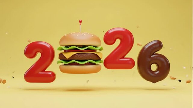 Animated 2026 year with hamburger as zero digit. Festive fast food new year countdown. Digital burger celebration concept on yellow background