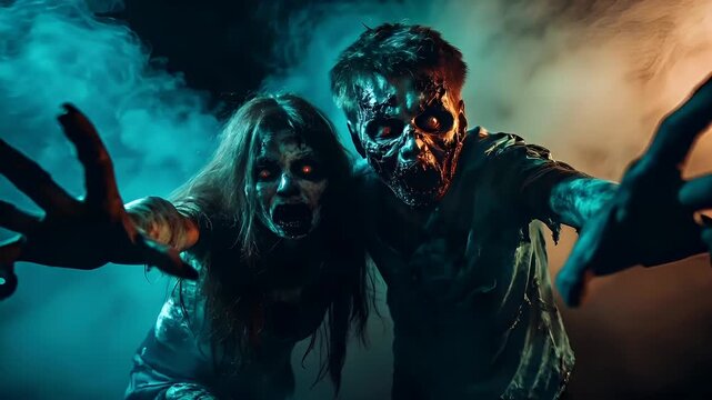 Halloween holiday promotion theme. Spooky scaring. A horrorthemed photograph featuring two undead individuals amidst a smoky, ethereal backdrop. The style is cinematic.