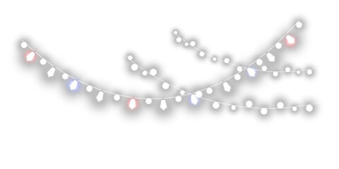 Bright festive string-light garland PNG with glowing white bulbs and subtle colored accents. Perfect for Christmas décor, winter holidays, parties, and luminous decorative overlays.