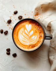 Top view of a cappuccino with elegant latte art, scattered coffee beans and powder accents. Warm, cozy caf&eacute; atmosphere.