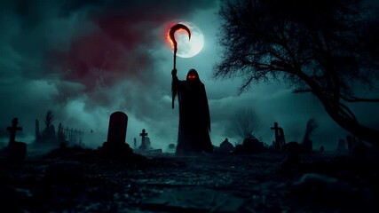 Halloween holiday promotion theme. Spooky scaring. A dark, atmospheric, and eerie scene set in a graveyard under a moody sky with a large, glowing moon.