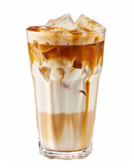 Tall glass of iced caramel latte with layers of milk, espresso and melting ice cubes. Refreshing and sweet beverage concept.
