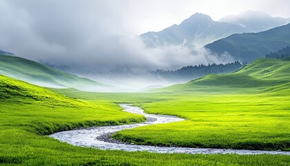 A serene landscape featuring a winding river flowing through a lush green meadow, with mountains and mist in the background. The scene is bathed in soft, natura