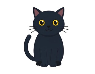 Obraz premium Cute, simple black cat with golden eyes sits upright on a white background