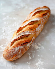 Golden crispy baguette on a floured surface. Rustic bakery style with artisan texture and warm tones.
