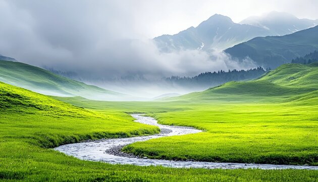 A serene landscape featuring a winding river flowing through a lush green meadow, with mountains and mist in the background. The scene is bathed in soft, natura - Powered by Adobe