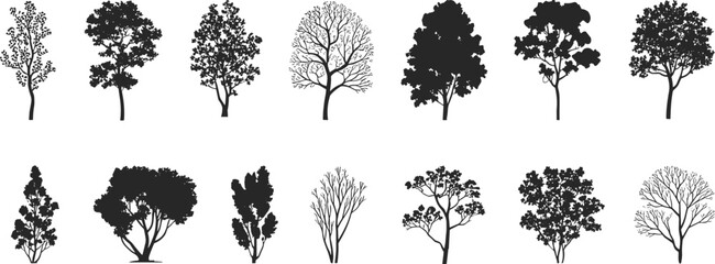 Tree silhouette collection, detailed black tree vector set, natural woodland elements, botanical foliage shapes, diverse tree designs for landscape artwork