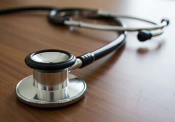 A closeup shot of a stethoscope on a wooden surface, showcasing its medical design and highlighting the importance of healthcare equipment