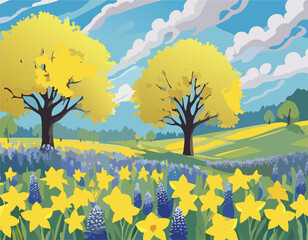 Spring landscape with blooming daffodil and hyacinth flower field and forsythia trees.