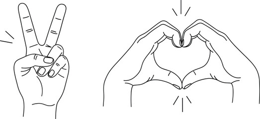 Hand-Drawn Line Art Vector Set of Hand Gestures Including Peace Sign and Heart Shape for Concepts of Love, Unity, Friendship, and Positive Communication