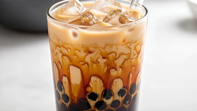 A close-up of a glass of iced brown sugar bubble tea with tapioca pearls and milk.