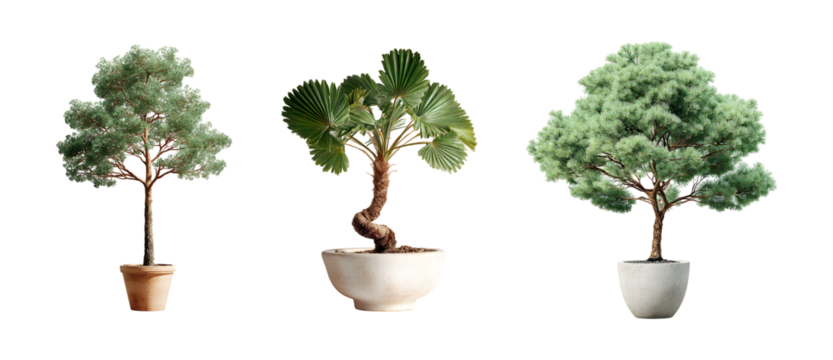 Diverse Assortment of Trees in Pots with Varying Shapes and Textures Displaying Different Shades of Green Ideal for Home Decor or Landscaping Use
