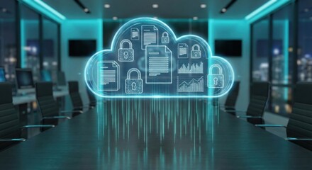 Holographic cloud computing icon with padlock symbols and digital documents floating over a dark, modern conference room table, representing data security and corporate technology.