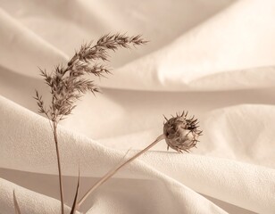Dried botanical arrangement on draped, textured fabric, cast in warm, soft, neutral light, creating depth