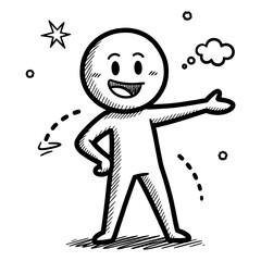 Hand-Drawn Cartoon Character Pointing, Smiling, with Thought Bubble and Arrows