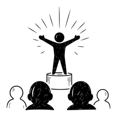 Minimalist doodle stick figure leader on podium with radiating lines.