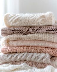 Soft knitted sweaters stacked neatly in neutral pastel tones. Cozy home, warmth and comfort concept