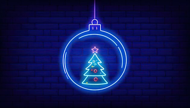 Neon Christmas Tree Ornament Glowing on Dark Brick Wall Background.