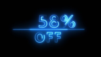 Neon 58% discount offer illustration. Neon percent offer on black background. Neon sale discount offer.