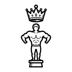Stylized Bodybuilder Trophy with Crown Line Art Illustration
