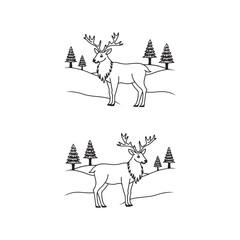 Line Art Deer in Snowy Winter Forest with Pine Trees