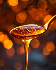 Golden honey dripping from spoon with warm bokeh background. Natural sweetness, organic food concept