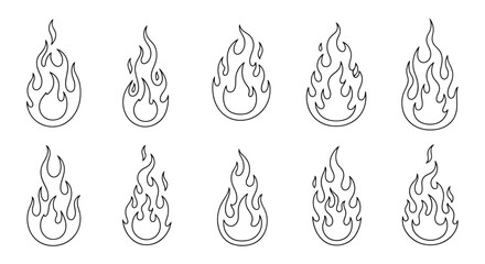 Dynamic collection of flame illustrations, outlining energy and heat for graphic design projects