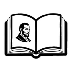 Black and White Vector Illustration of Open Book with Man's Profile Portrait