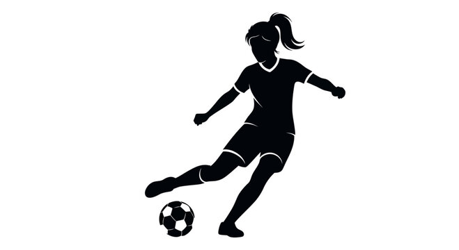 Dynamic female soccer player silhouette in powerful kick motion on white background illustration - Powered by Adobe