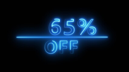 Neon 65% discount offer illustration. Neon percent offer on black background. Neon sale discount offer.