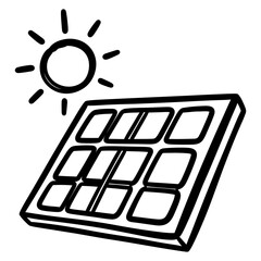 Hand-drawn Solar Panel and Sun Icon, Renewable Energy Outline Drawing