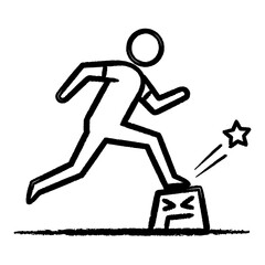 Monochrome Sketchy Icon: Person Stepping on Block, Launching Star