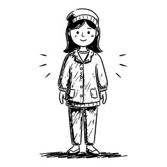 Hand-drawn sketch illustration of a young woman in pajamas and beanie.