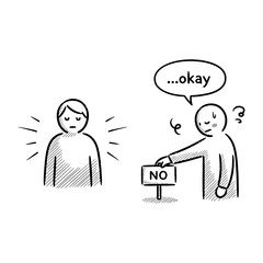 Monochrome Hand-Drawn Sketch Illustrating Reluctance and Rejection