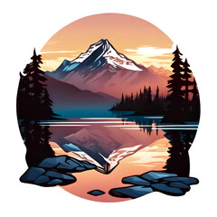 Snowy Mountain Sunset with Lake Reflection and Pine Trees