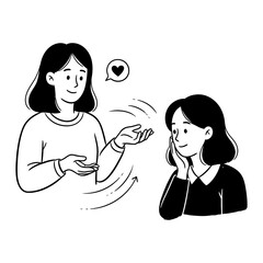 Black and white illustration of women communicating, showing care and empathy