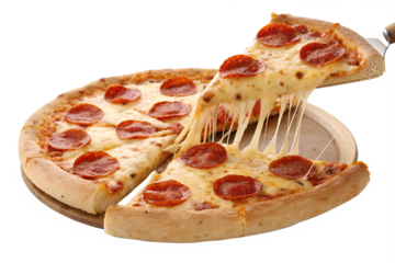 A whole pepperoni pizza sits ready to eat as one delicious slice is lifted, revealing long strings of melted cheese.