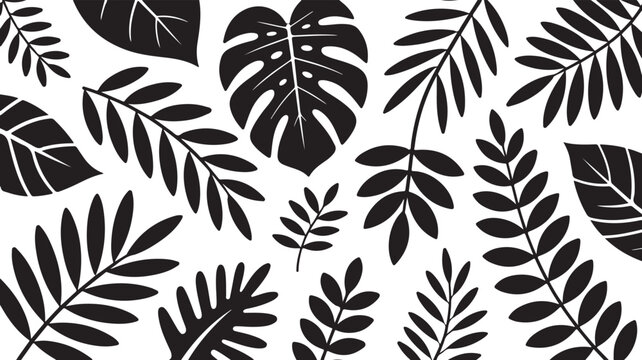 Monstera and fern leaves pattern black and white tropical botanical design