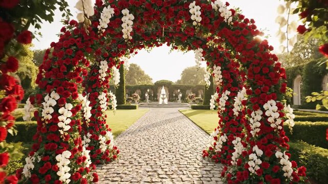 Luxurious Garden Pathway Adorned With Red Roses And White Orchids Under Warm Sunlight Creating A Romantic Atmosphere And Elegant Entrance To A Formal Estate With Paved Stone Path Leading To A