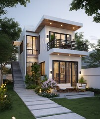 Obraz premium A modern, two-story white house with a flat roof, balcony, and exterior stairs leading to a landscaped backyard with a patio and pathway. Evening lighting illuminates the scene