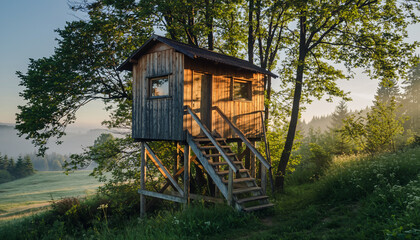Elevated wooden cabin nestled among trees in a forest setting.