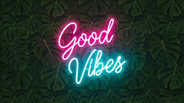 Neon sign displaying good vibes in pink and blue against foliage