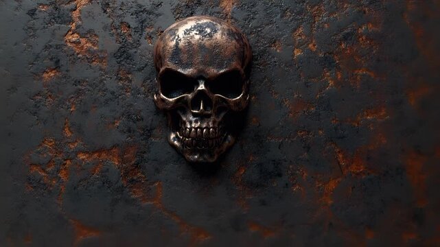 Halloween holiday promotion theme. Spooky scaring. A closeup of a metallic skull on a rustic, weathered surface. The skull is detailed with intricate patterns and textures.