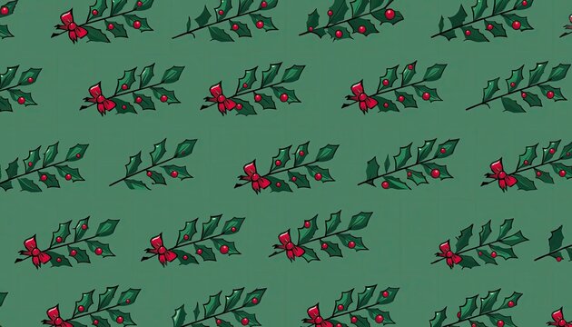 Seamless pattern of green branches with red berries on a muted green background. - Powered by Adobe