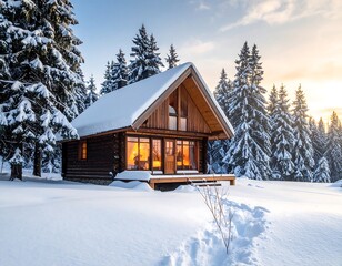 Cozy wooden cabin glows warmly in a snowy forest during the golden hour, framed by snow-laden pine trees