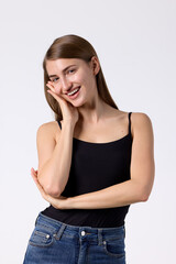 Fototapeta premium Slavic woman smiling gently in studio portrait