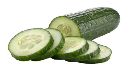 Fresh green cucumber is neatly sliced into round pieces, placed beside a whole one, perfectly isolated on a transparent background.
